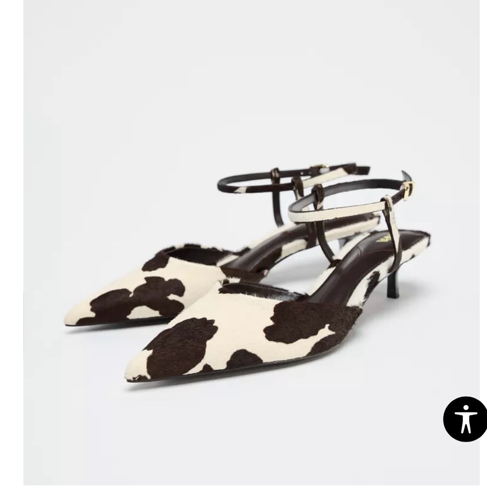 Zara Brown and White Cow-Print Pointed Slingback Heels